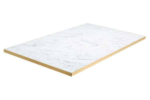 1200 x 700mm Rectangle Gold Edged Laminate Top - White Marble - 25mm | In Stock