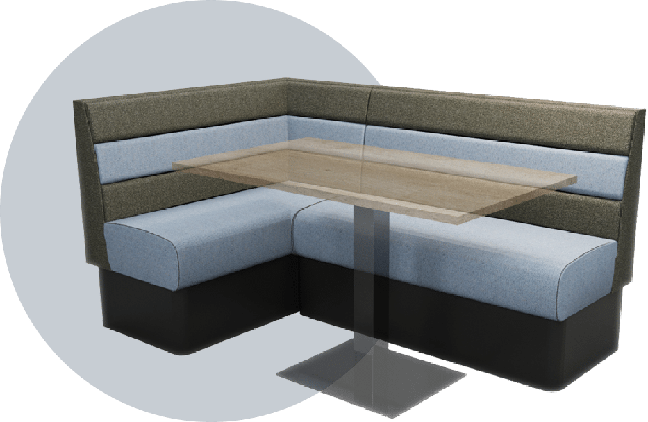 L Corner Set Booth Set with table and base in blue vinyl