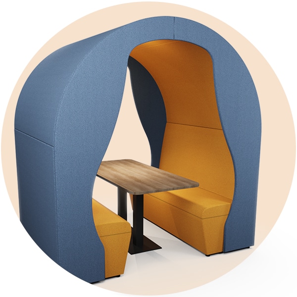 Loop Meeting Pod with rounded top roof in orange and blue vinyl upholstery