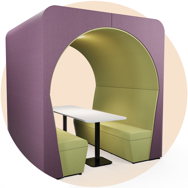 Nook Pod – acoustic meeting pod with squared outer shell and curved interior seating