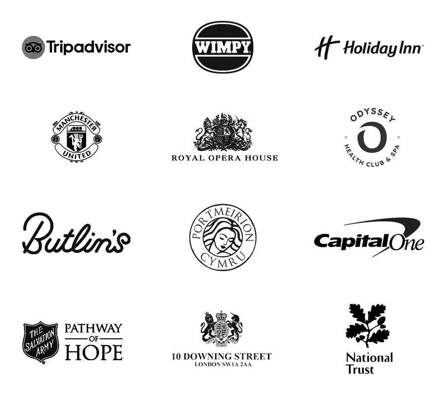 Trip Advisor, Wimpy, Holiday In, Manchester United FC, Royal Opera House, Butlins, Capitol One, Salvation Army, 10 Downing Street, National Trust