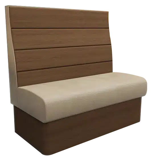 Plank wood laminate high back booth seating with wide timber-style panels – rustic modern banquette.