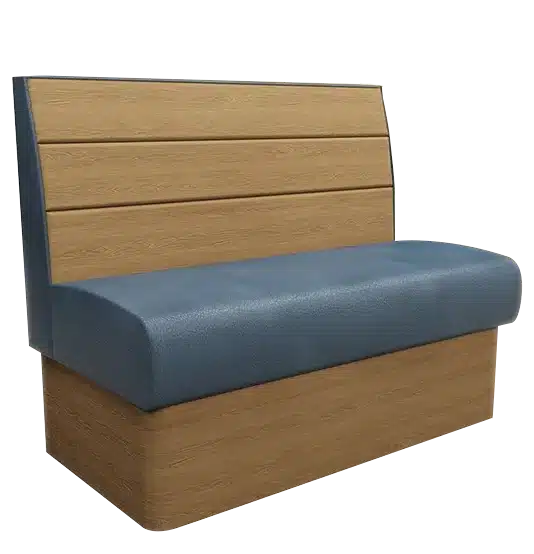 Plank wood laminate back booth seating with wide timber-style panels – rustic modern banquette.