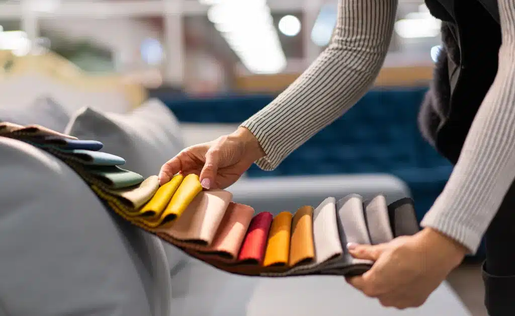 A lady holds out coloured fabric swatch cards next to a booth seat