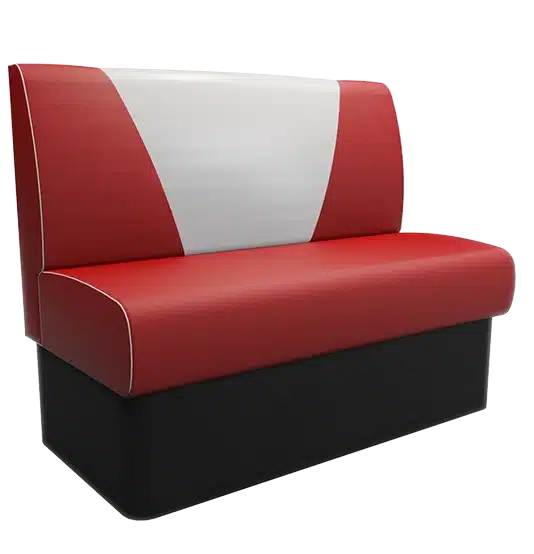 Retro V-back booth seating with angled stitched upholstery – vintage diner-style seating.