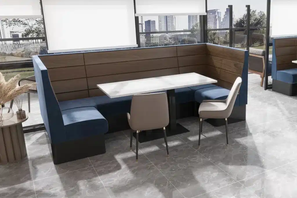 A U shaped booth set in a planked back design by HCF Contract furniture, showing how layouts can be achieved by straight booth units and corner units