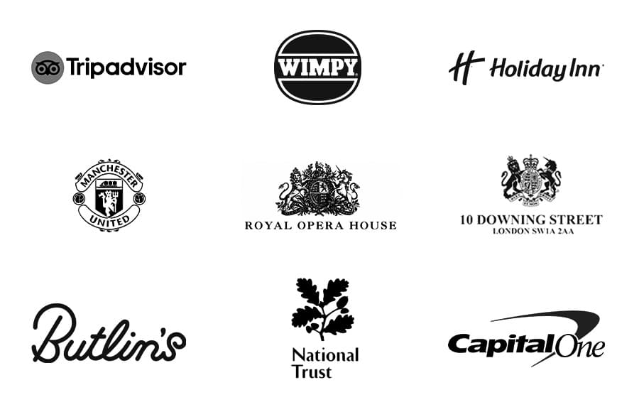 Trip Advisor, Wimpy, Holiday In, Manchester United FC, Royal Opera House, Butlins, Capitol One, 10 Downing Street,